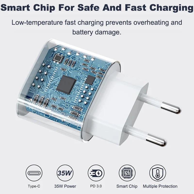 PD 35W USB C Charger Fast Charger Type C Cable Mobile Phone Charger Wall Adapter For iPhone 15 16 Pro Max Xiaomi Samsung Huawei