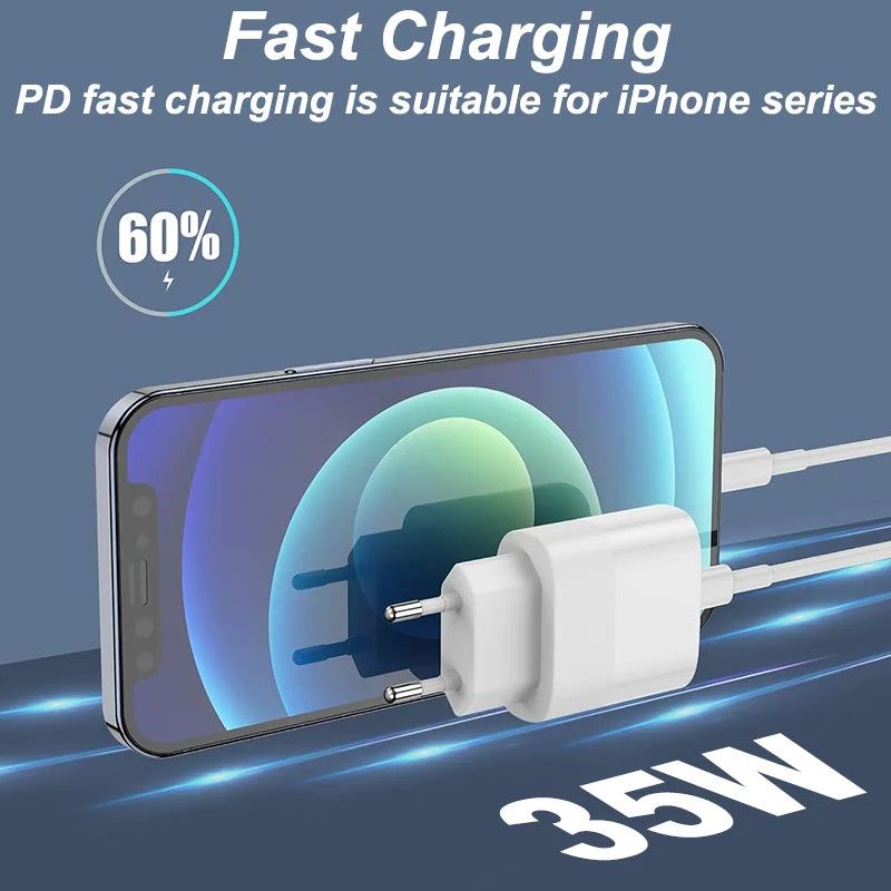 PD 35W USB C Charger Fast Charger Type C Cable Mobile Phone Charger Wall Adapter For iPhone 15 16 Pro Max Xiaomi Samsung Huawei