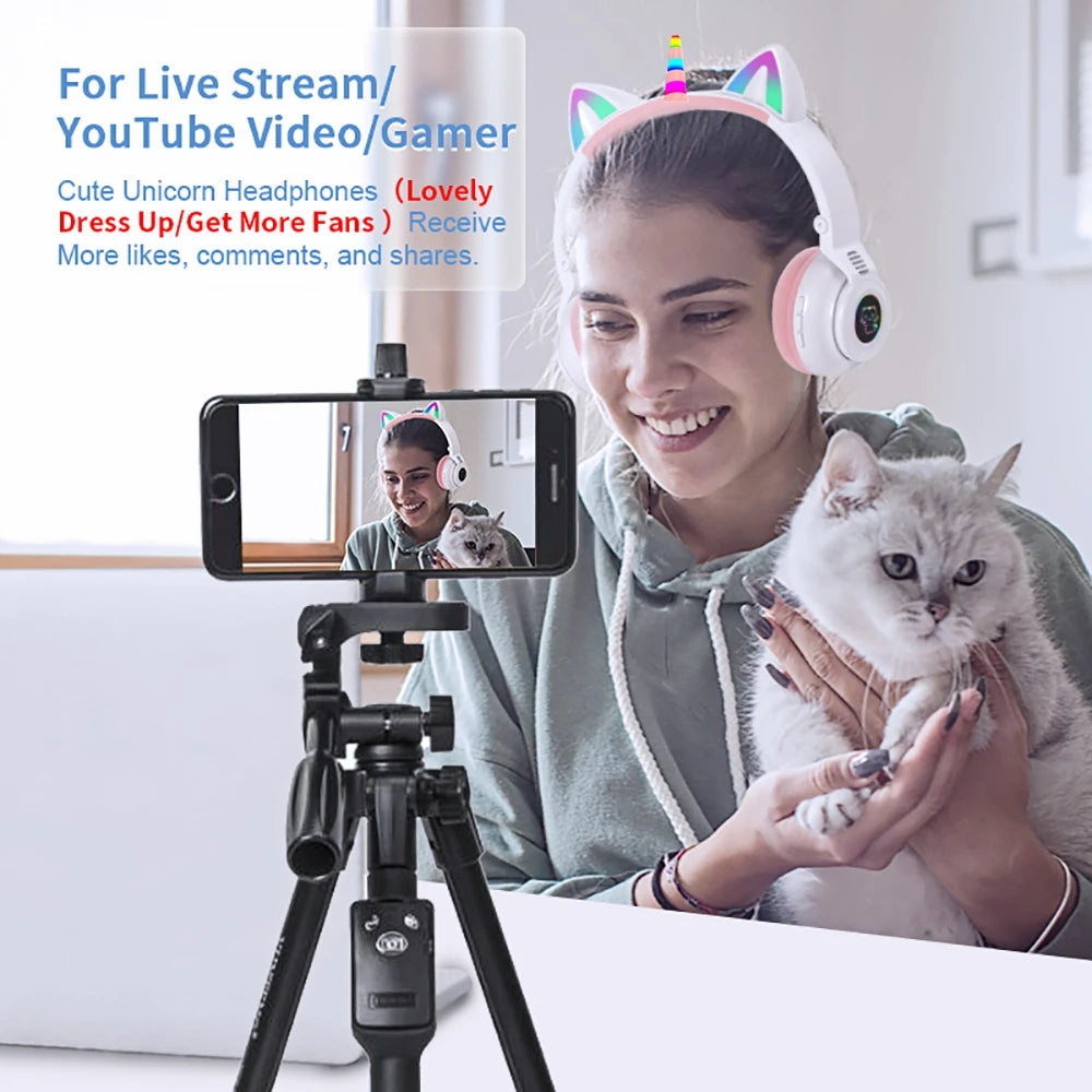 HiFi Girls Wireless Unicorn headphones with Mic phone Stereo Bass Cute Children Music Kid Cat Bluetooth Headsets Support SD Card - Universal Market