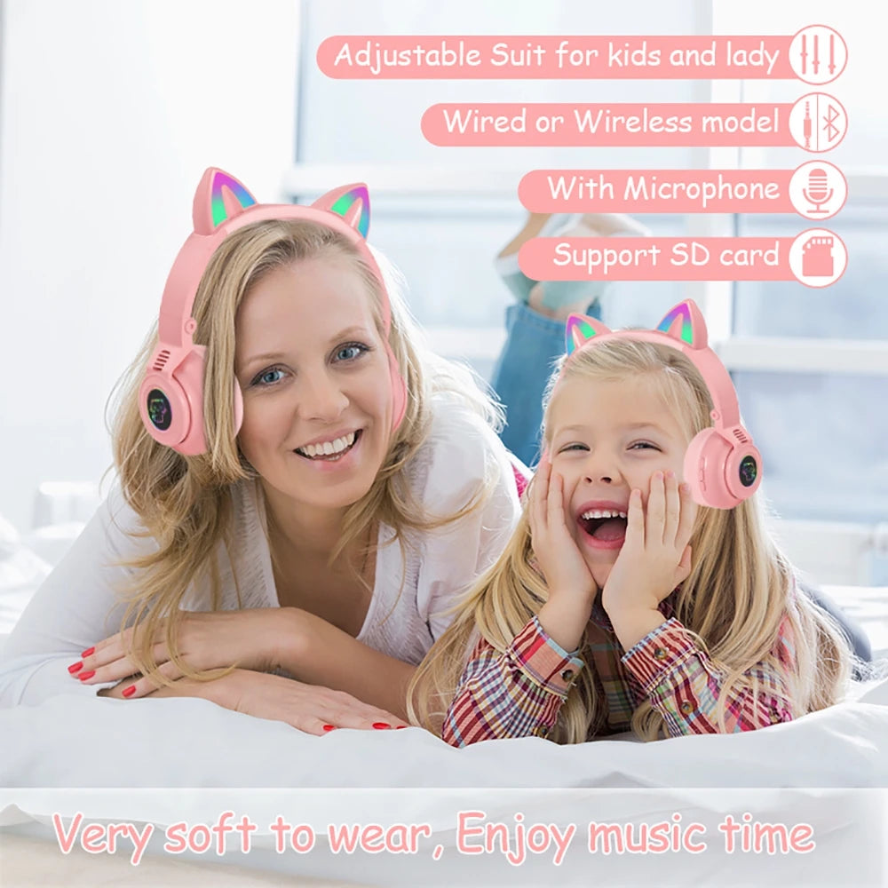 HiFi Girls Wireless Unicorn headphones with Mic phone Stereo Bass Cute Children Music Kid Cat Bluetooth Headsets Support SD Card - Universal Market
