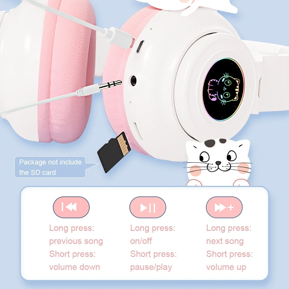 HiFi Girls Wireless Unicorn headphones with Mic phone Stereo Bass Cute Children Music Kid Cat Bluetooth Headsets Support SD Card - Universal Market