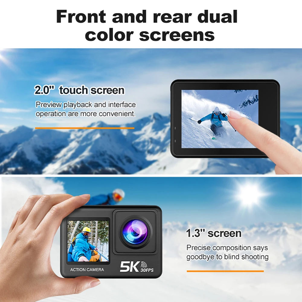 G9SE Action Camera 5K30fps 4K60fps 50MP 2.0 Touch LCD EIS DVR Webcam Dual Screen Wi-Fi 170D Waterproof 30M 5X Zoom Sports Camera