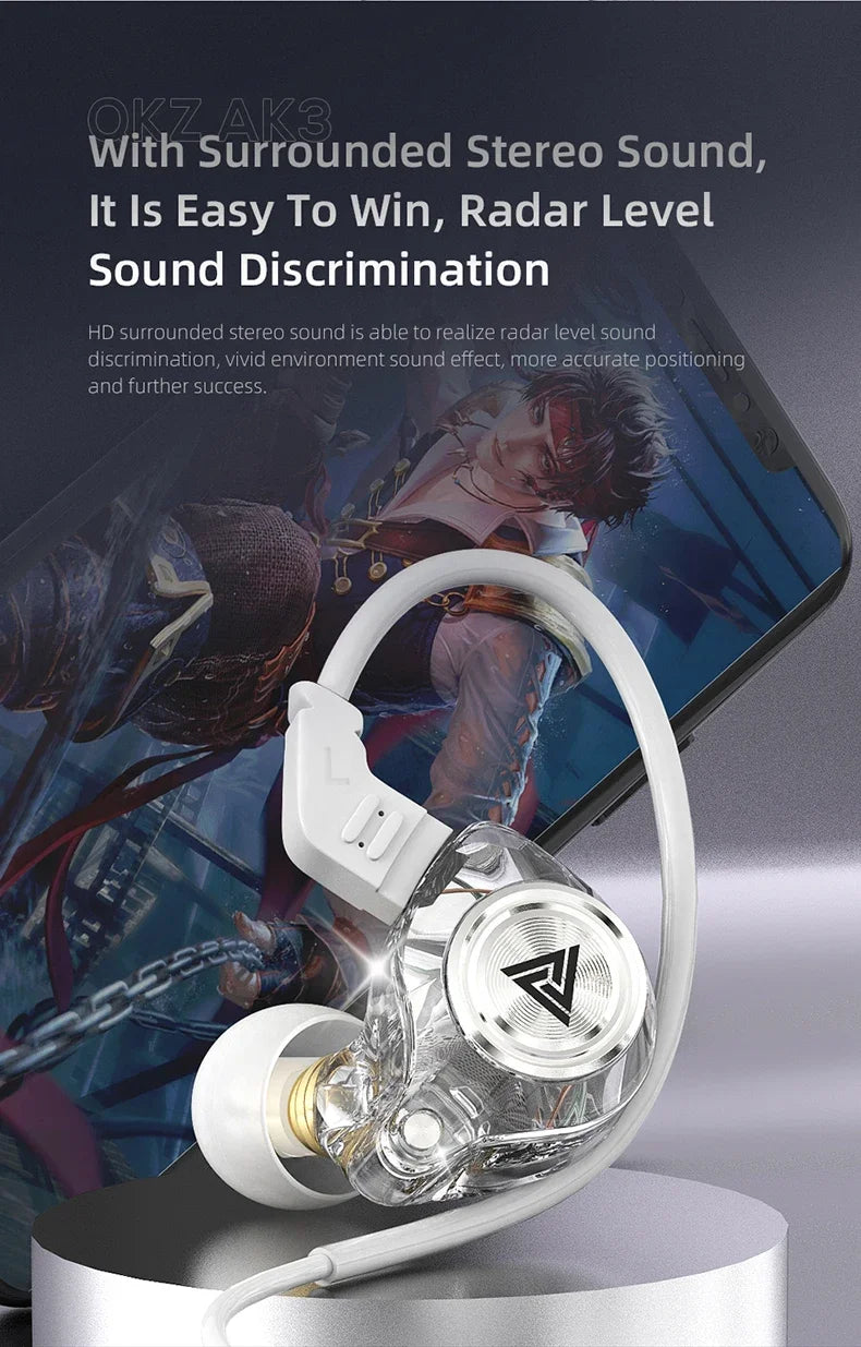 QKZ AK3 FiLe Wired Earphone with Microphone HiFi Music Monitor Bass Headphones Noise Cancelling Headset For Sport Gaming Earbuds - Universal Market