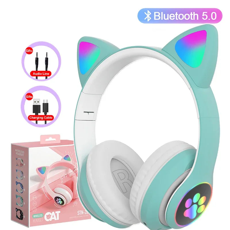 Flash Lamp Cute Cat Ears Headphone Bluetooth5.0 Stereo With Mic Support TF Card Wireless Kids Girl Earphone Birthday Gift - Universal Market