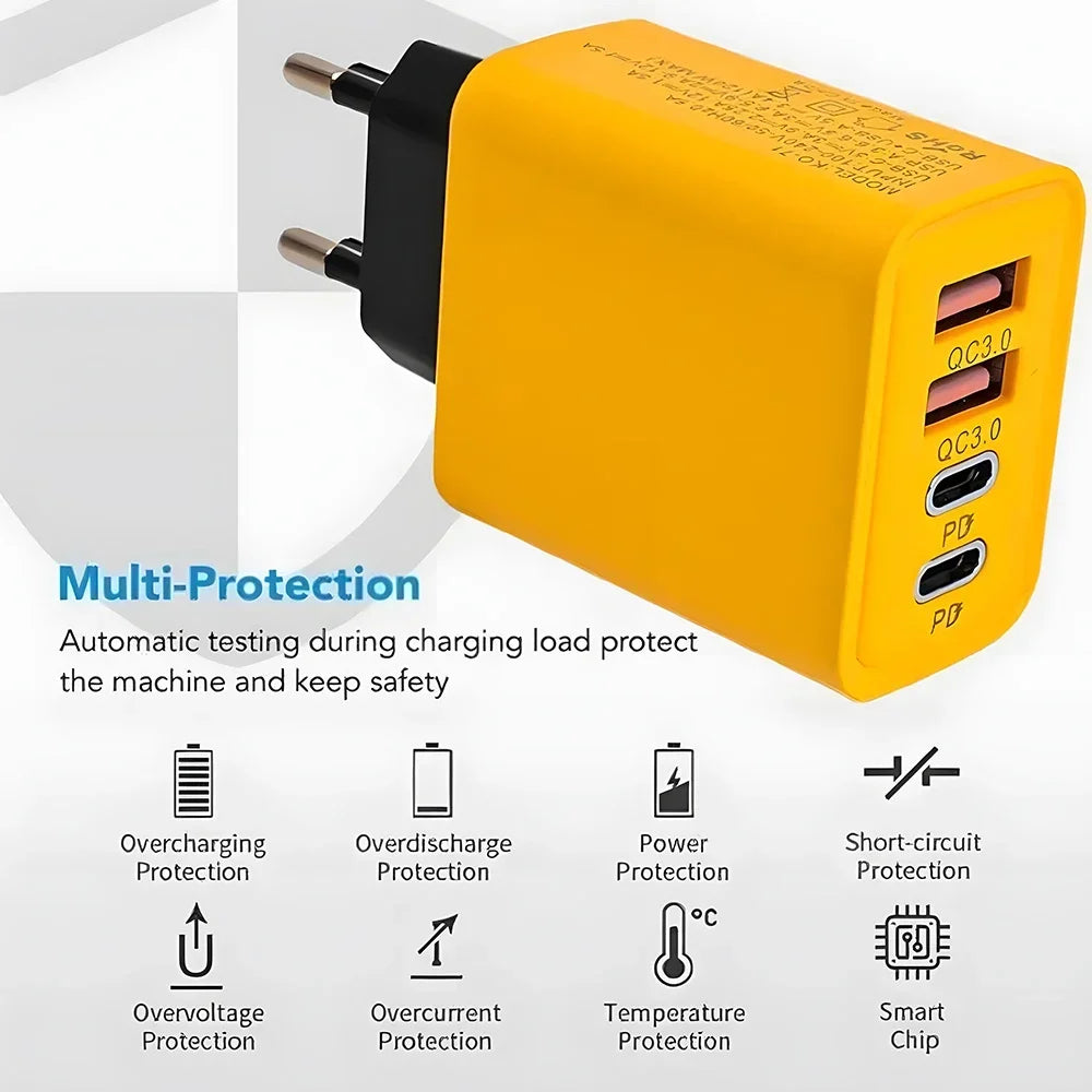 120W 2 USB+2 Type-C 4 Ports Wall Charger Fast Charging EU/US/UK Plug Power Adapter For Xiaomi iPhone Samsung Huawei Phone/Tablet