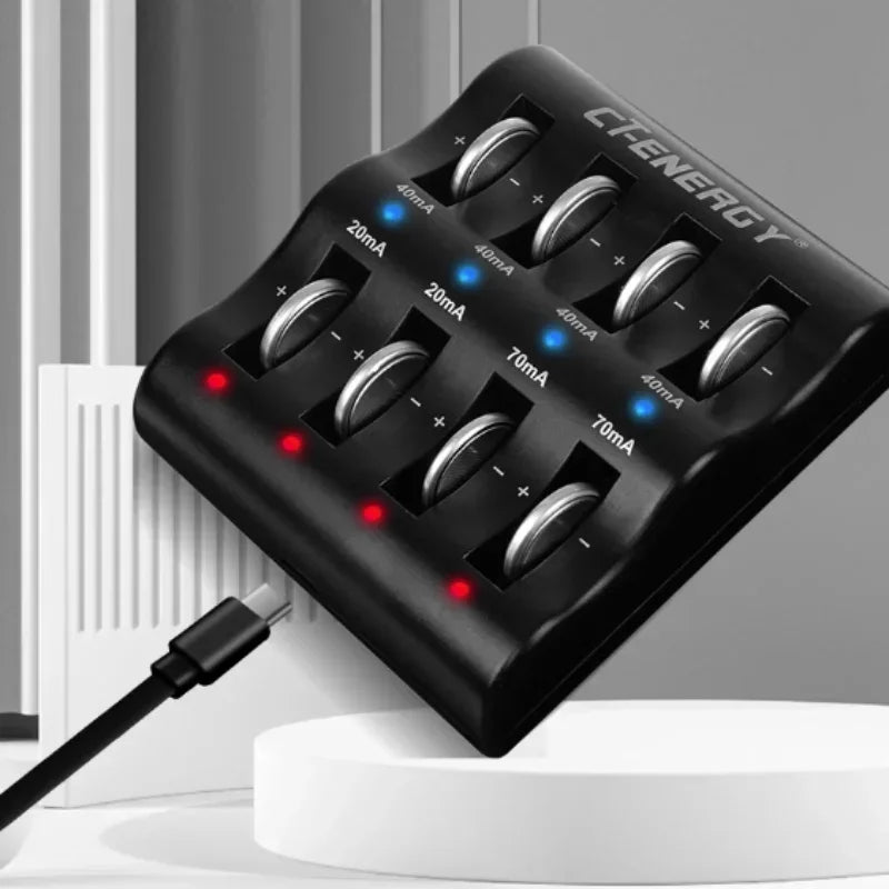 Travel Portable Charger for 1220 1240 1620 1632 2032 2025 2016 2430 2440 2450 2477 Lithium Coin Battery 8 Slot Smart Charger