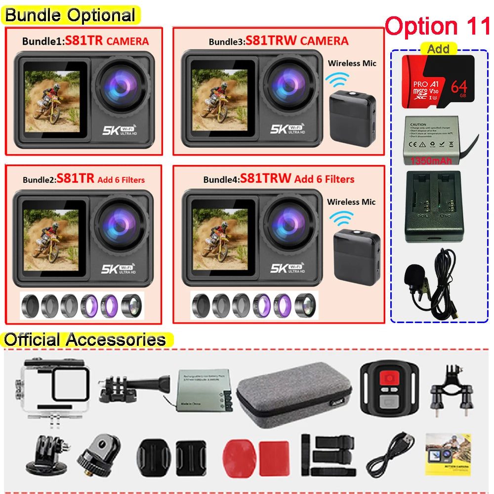 2" IPS Dual Screen Action Camera 5K 30FPS 4K 60FPS 48MP EIS Video With Optional Filter Lens 1080P Webcam Vlog WiFi Sports Cam