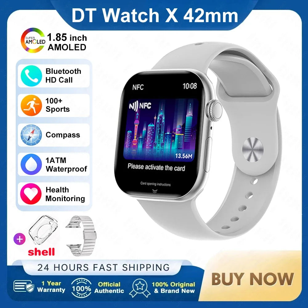 For Apple DT Watch X Mini Smart Watch 3D Menu Video AI Voice NFC Sports Record Health Test 1.85 Inch AMOLED Women Smartwatch
