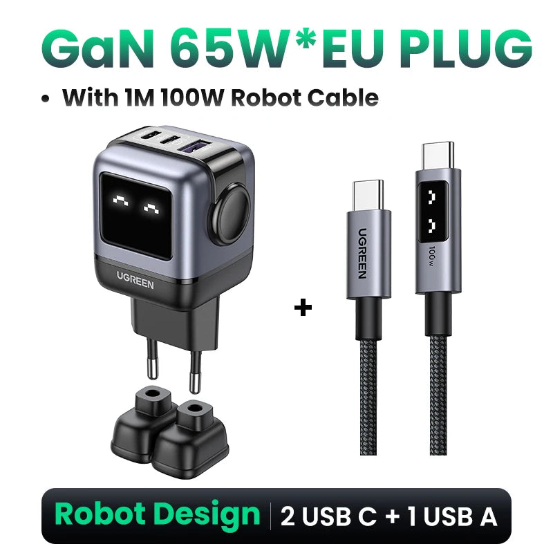 UGREEN 65W GaN Charger Uno Robot Design Quick Charge 4.0 3.0 PPS PD Fast Charger for iPhone 17 16 15 Pro Macbook Laptop Tablet