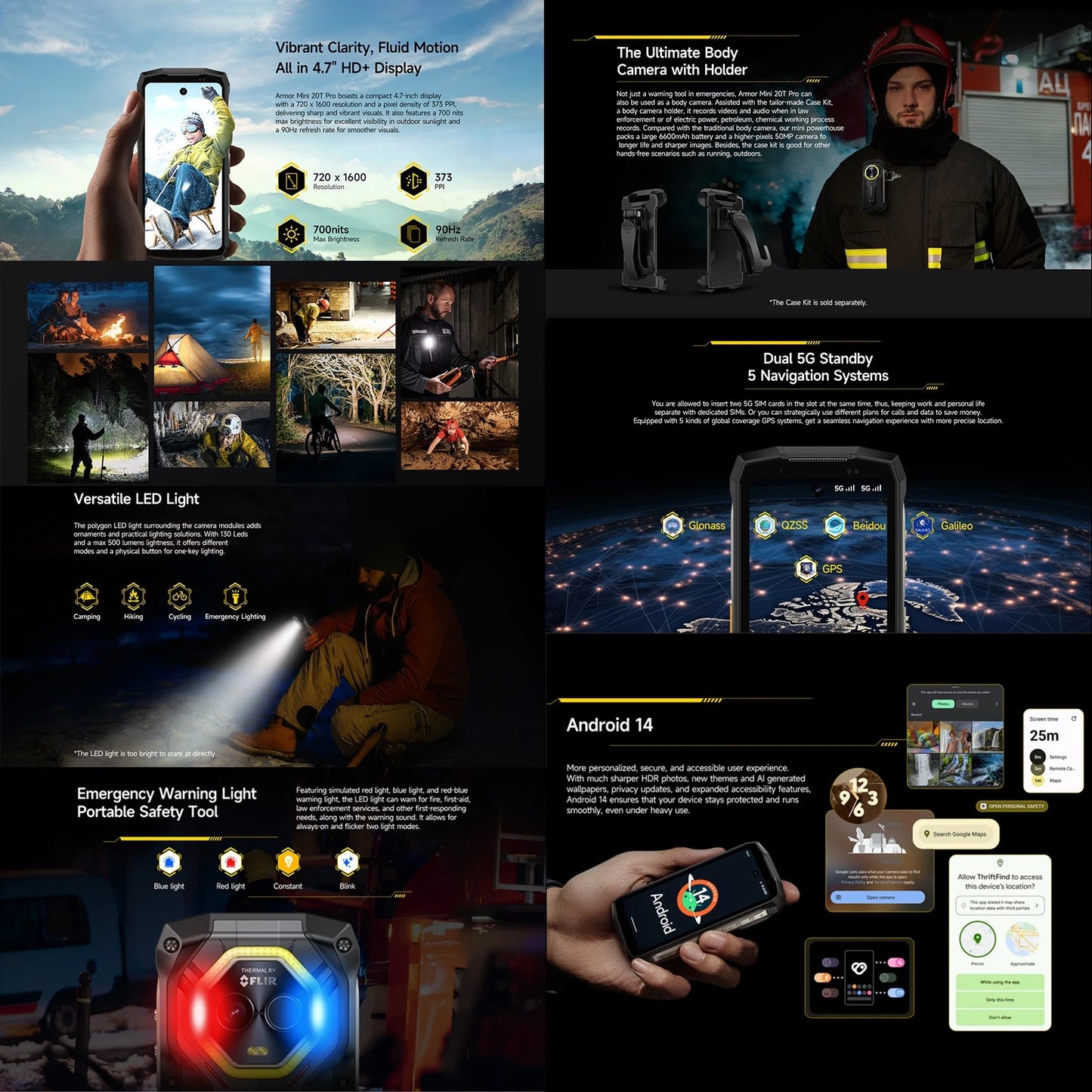 Ulefone Armor Mini 20T Pro Rugged Smartphone 5G Thermal Imaging 4.7" Display 8GB+256GB LED Light Android 14 6200mAh 33W 50MP NFC