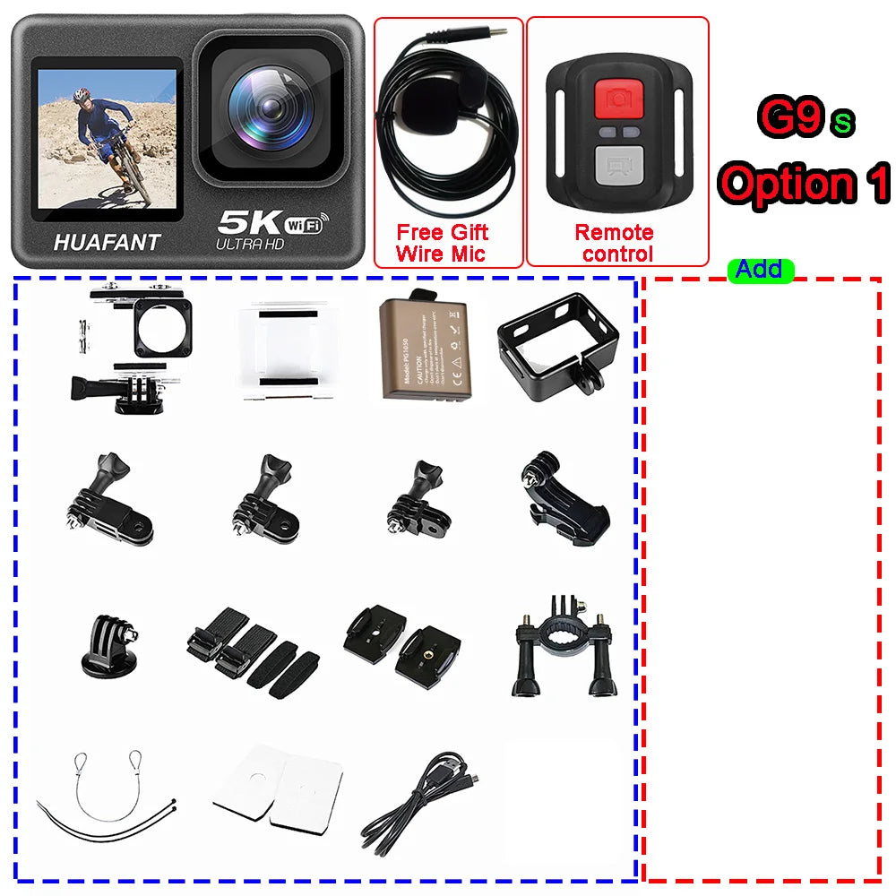 G9SE Action Camera 5K30fps 4K60fps 50MP 2.0 Touch LCD EIS DVR Webcam Dual Screen Wi-Fi 170D Waterproof 30M 5X Zoom Sports Camera