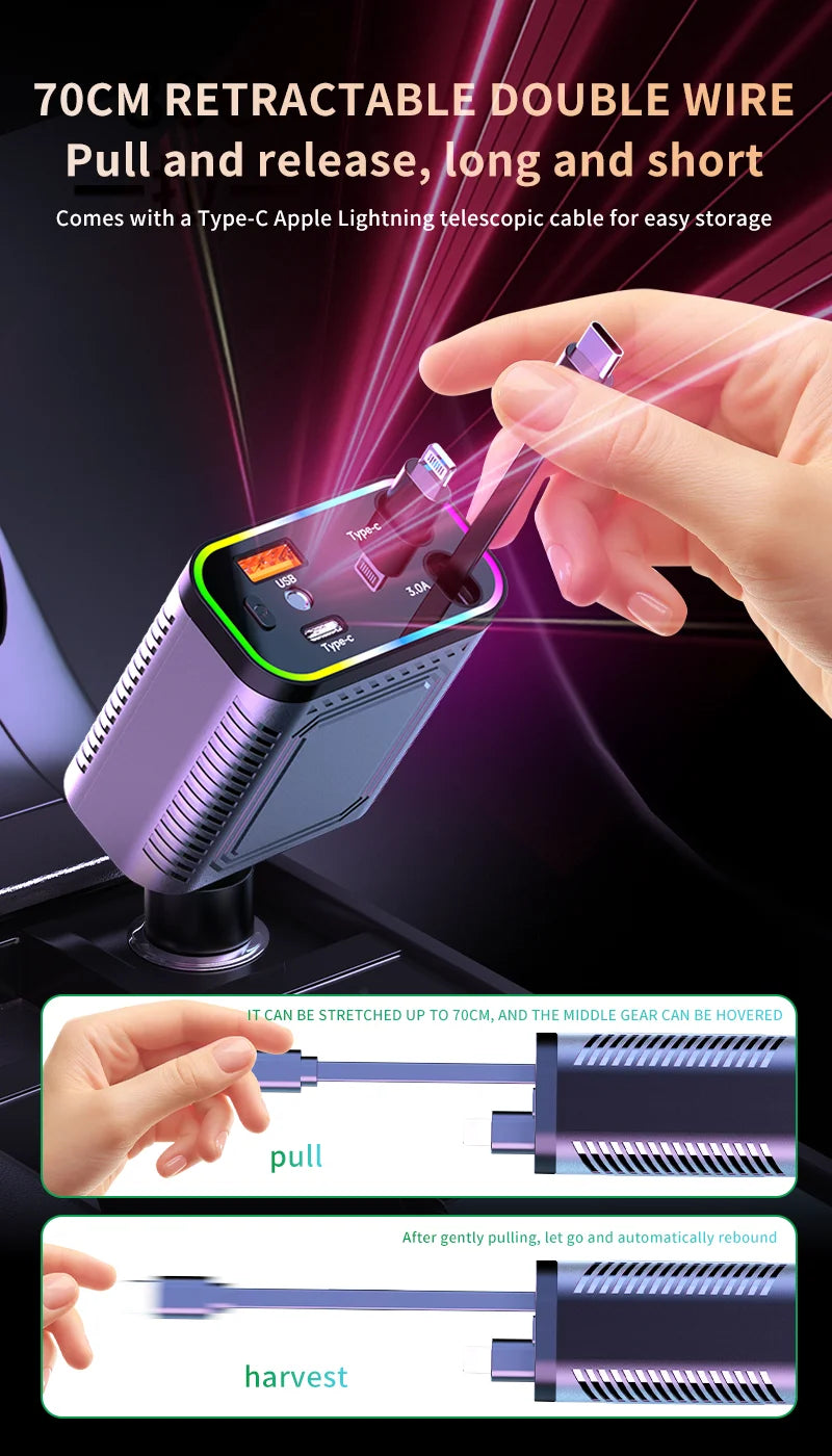 4 in 1 120W PD 33W Car Charger Retractable Car Cigarette Lighter Adapter Star Light Lighting Type C 70cm Charger Cable for Phone