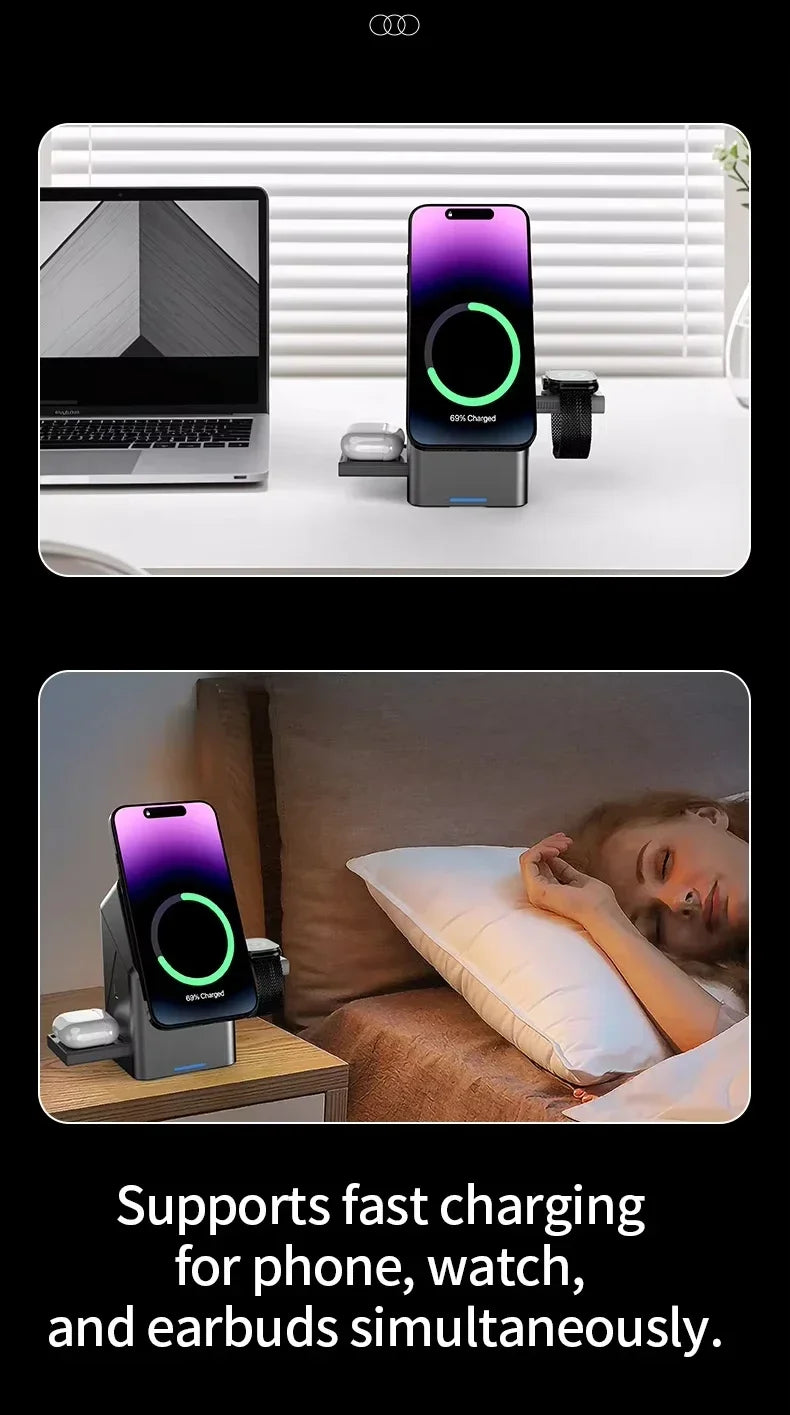 2025 New Automatic Touch Magnetic Multi-function 3 in 1 Wireless Charger for Iphone 16 15 14 13 Pro Max Iwatch Airpods Charger
