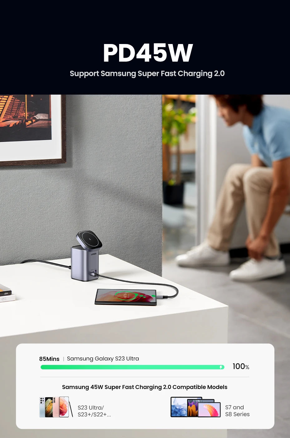 UGREEN GaN 100W Desktop Charger MFi Magnetic Wireless Charger for iPhone 17 16 15 Fast Charger Power Station for Laptop Notebook