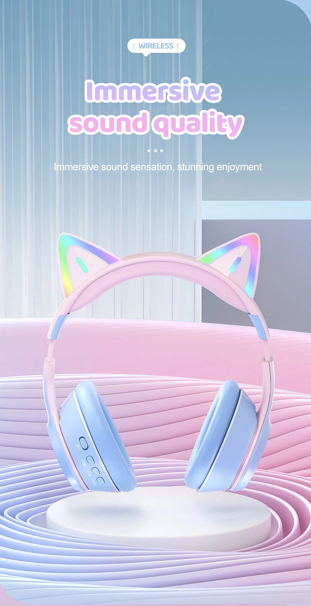 Gradient Wireless Headphones RGB Cat Ear Bluetooth Headphones With Microphone Stereo Music Game Earphone For Girls Kids Gifts - Universal Market
