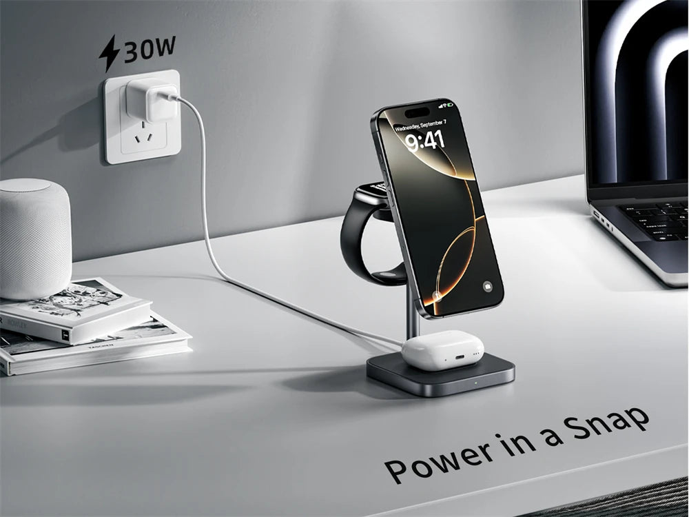 LULULOOK Qi2 3 in 1 Wireless Charging Station,Aluminum 15W Fast Mag-Safe Charger Stand for iPhone 17 16 15 14,5W for Apple Watch