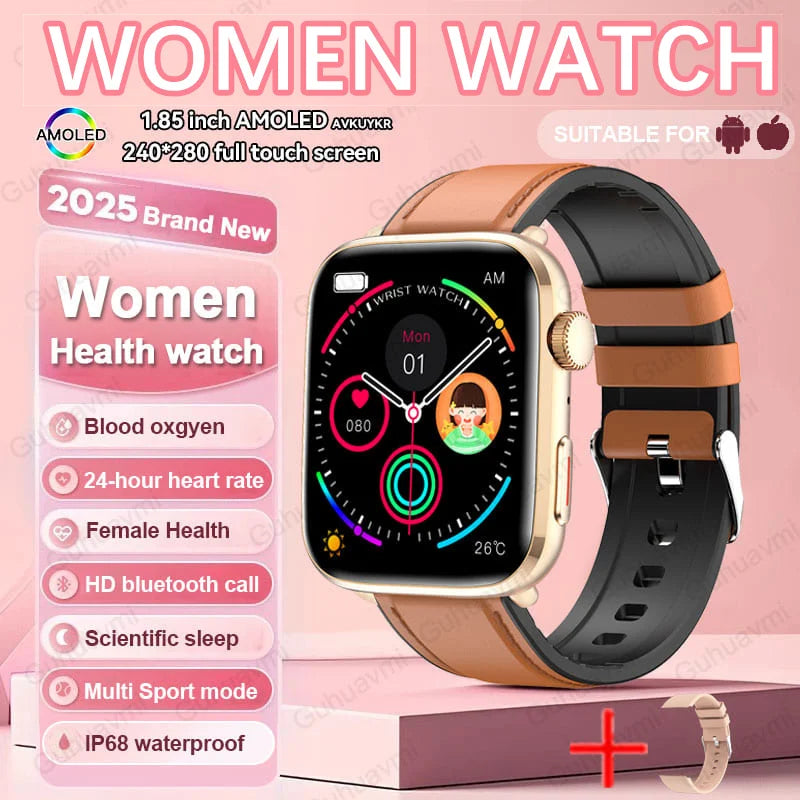 2025 AI Diagnosis NFC Smart Watch Women 1.85 inch AMOLED Blood pressure Heart Rate Temperature BT call Smartwatches Men For IOS