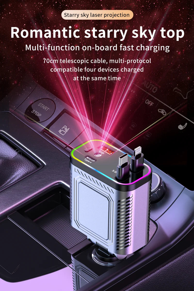 4 in 1 120W PD 33W Car Charger Retractable Car Cigarette Lighter Adapter Star Light Lighting Type C 70cm Charger Cable for Phone
