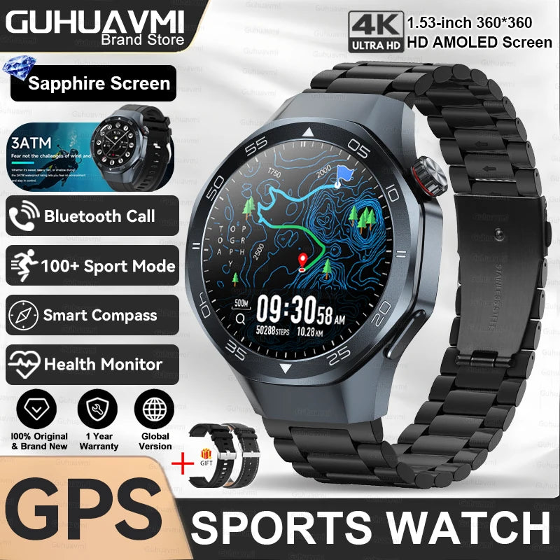 2025New Upgraded Outdoor Sport GPS Smart Watch Men 1.53" HD AMOLED Screen GPS track Heart Rate Bluetooth Call Compass SmartWatch