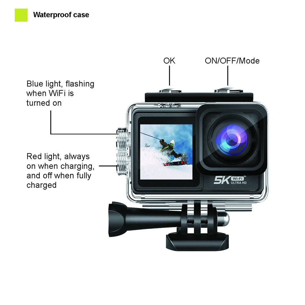 2" IPS Dual Screen Action Camera 5K 30FPS 4K 60FPS 48MP EIS Video With Optional Filter Lens 1080P Webcam Vlog WiFi Sports Cam