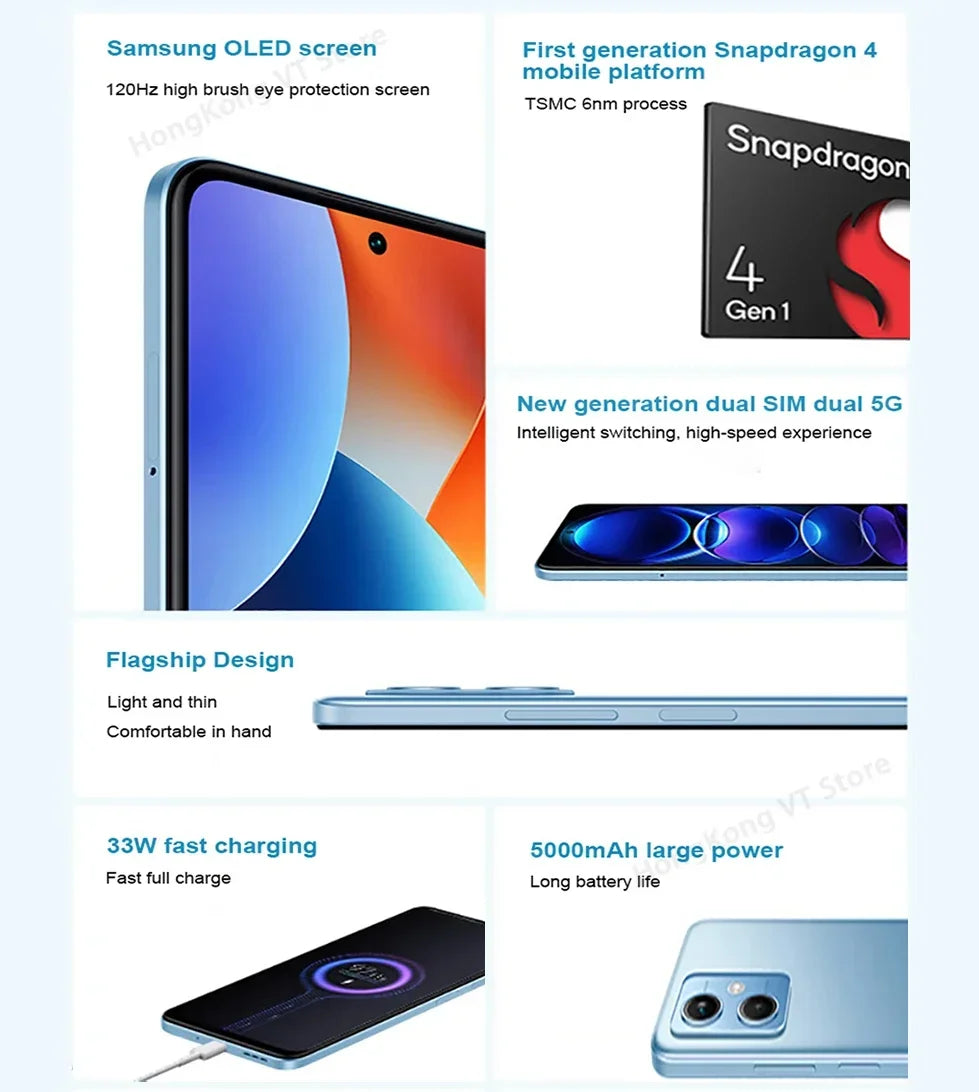 Global Rom Xiaomi Redmi Note 12 5G Smartphone HyperOS 1.0 6.67'' GOLED Display 120Hz Snapdragon 4 Gen1 48MP 33W used phone