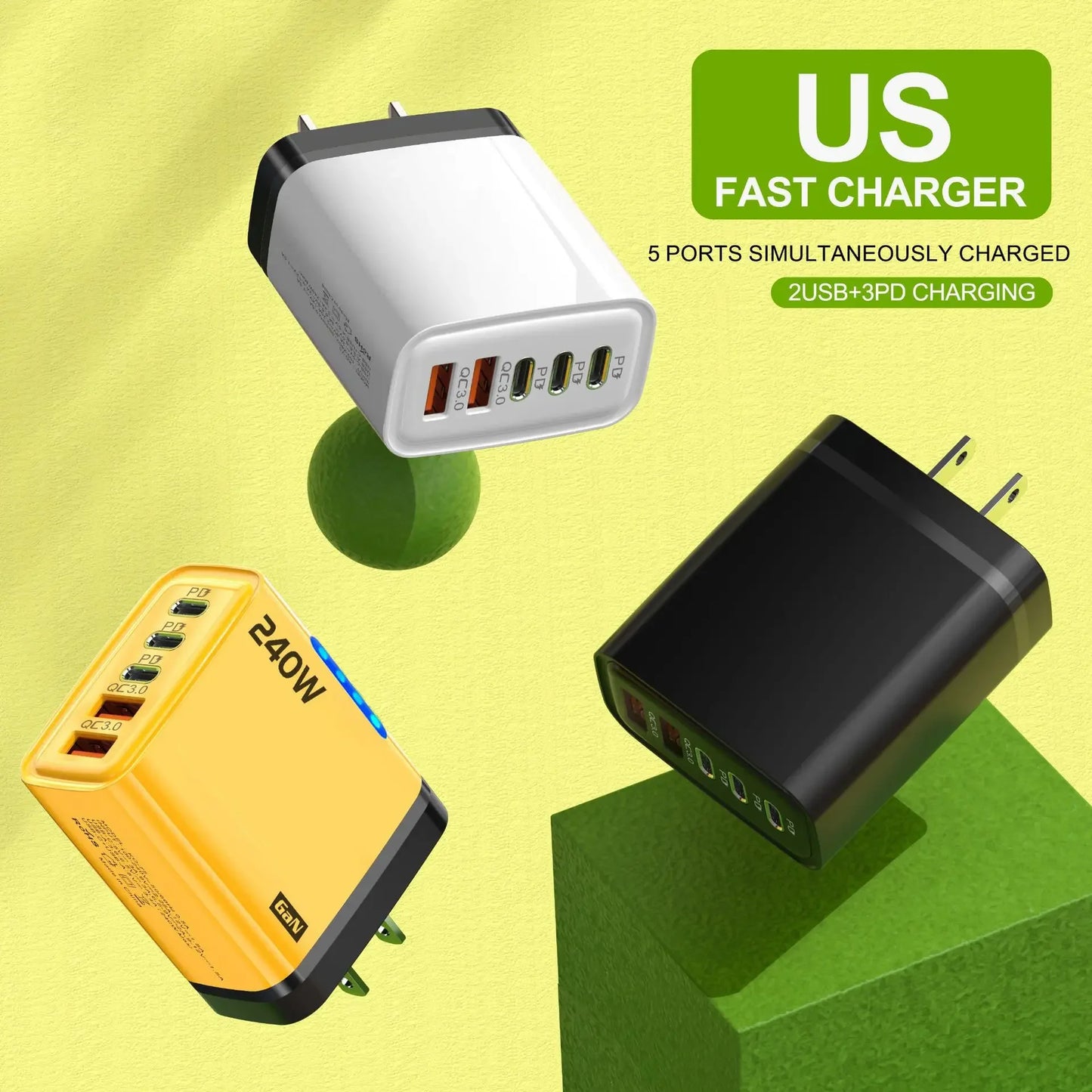 Xiaomi 240W QC3.0 PD 5 Ports GaN Fast Charger EU/US Plug Phone Charging Head Adapter with LED Light for iPhone Samsung Xiaomi