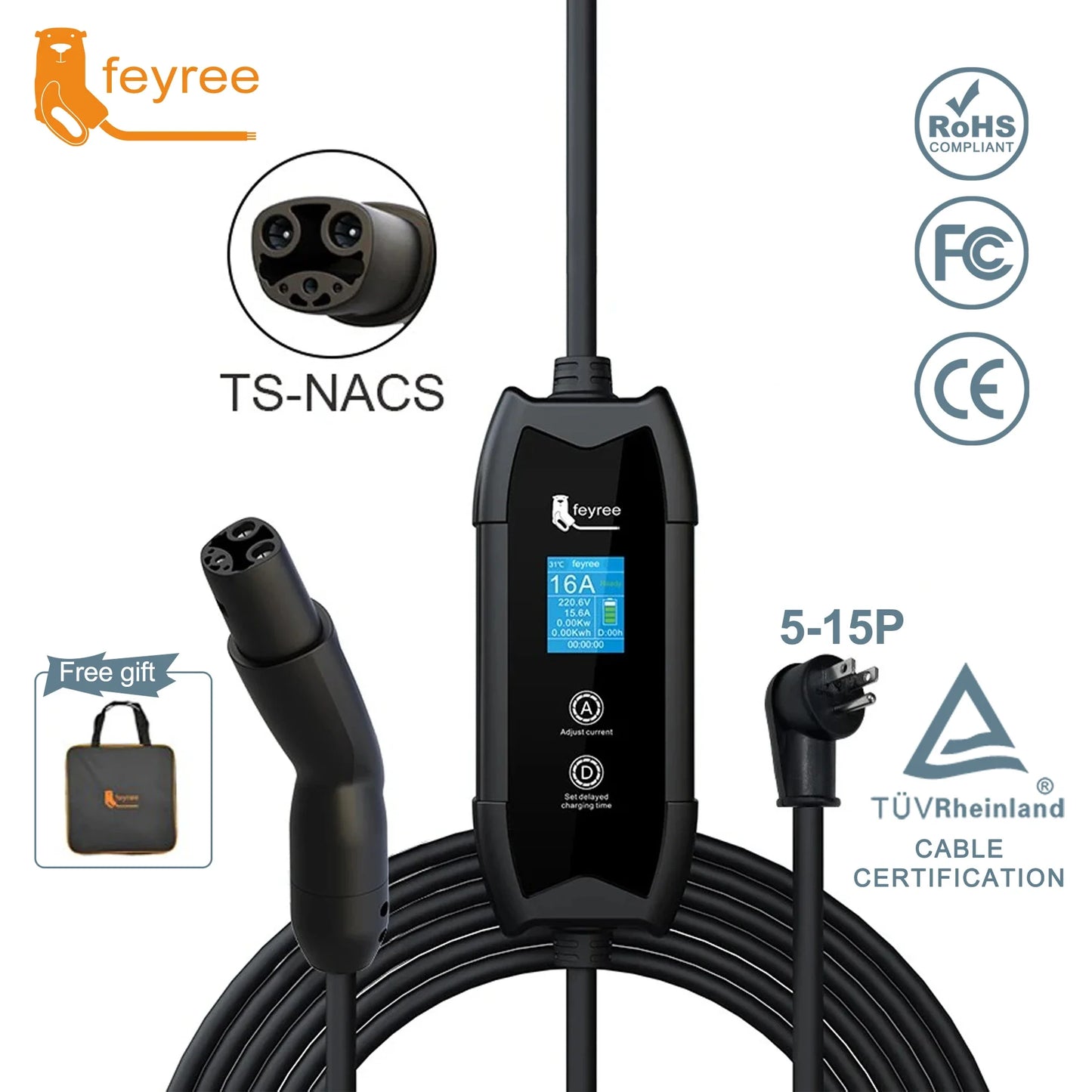 feyree EV Charger Portable 3.5kW Tesla NACS Charger Plug 1.8" LCD Screen with Set Delay Schedule Charging Station for Tesla Cars