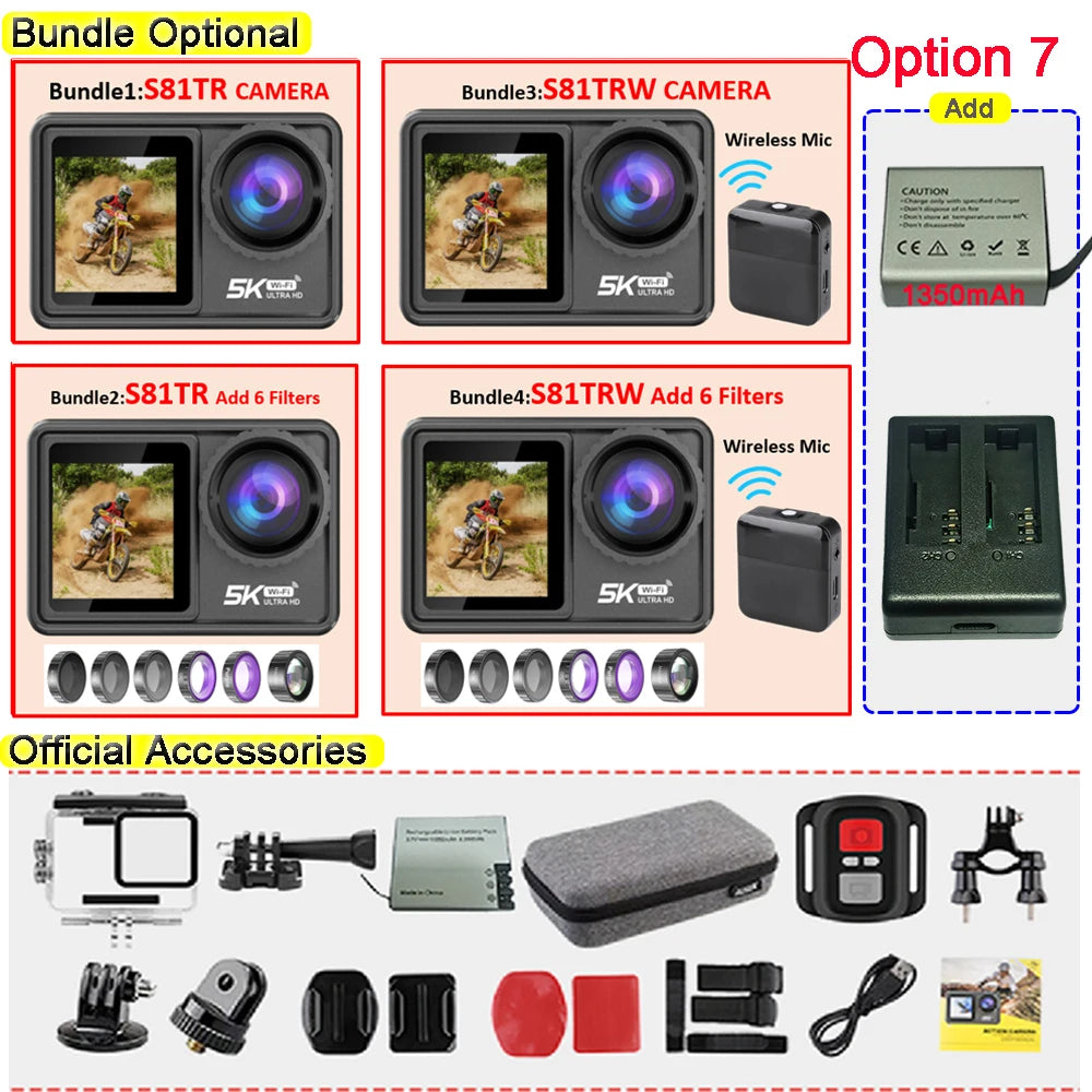 2" IPS Dual Screen Action Camera 5K 30FPS 4K 60FPS 48MP EIS Video With Optional Filter Lens 1080P Webcam Vlog WiFi Sports Cam