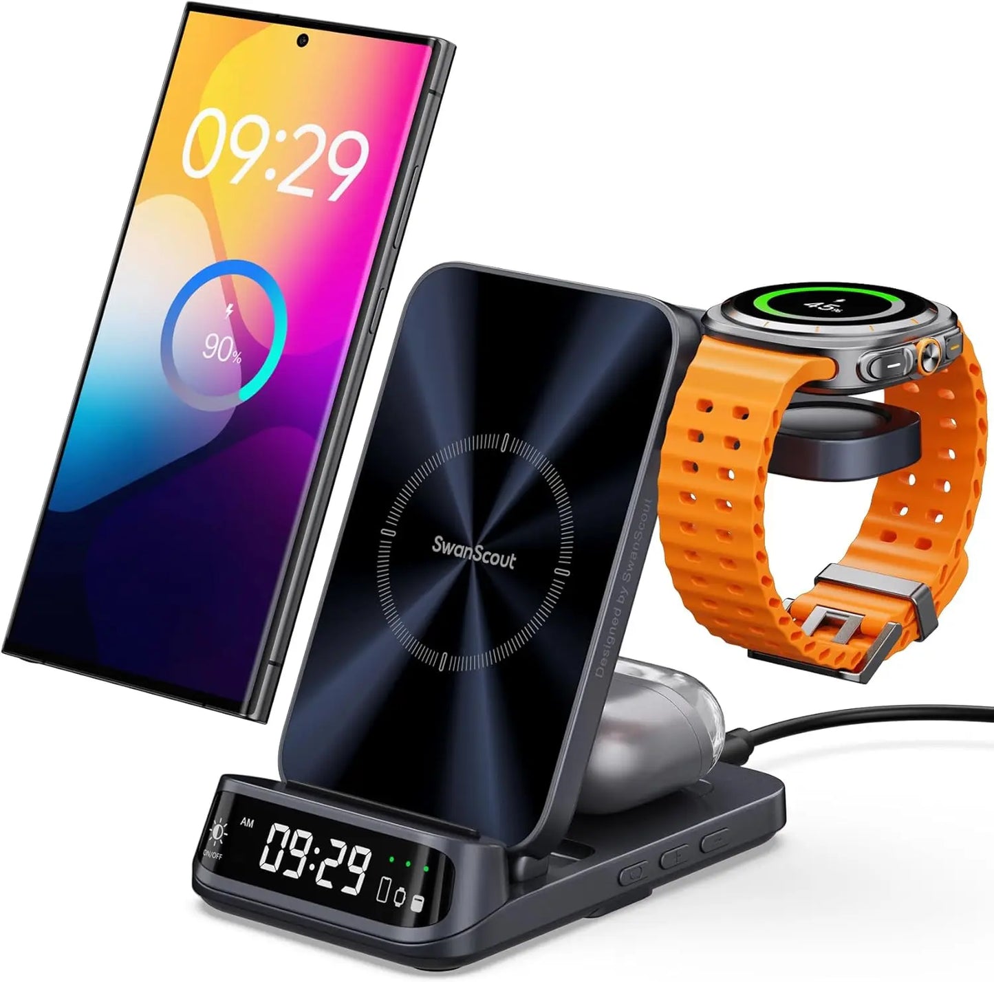 SwanScout 708S Charging Station for Samsung S25 S24 Ultra S23 Z Flip 7 Fold 6 5 Wireless Charger for Galaxy Watch 8 7 for Buds 3