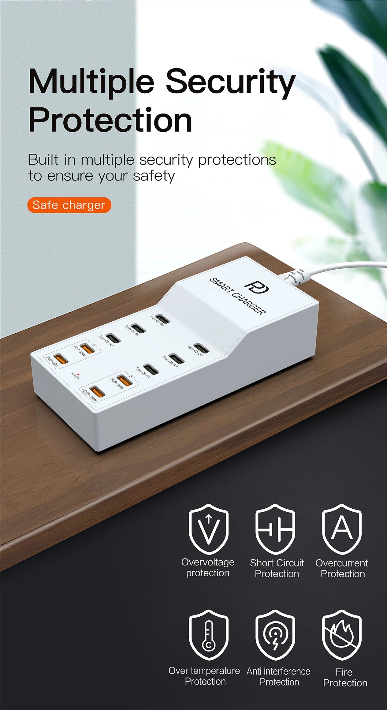 AIXXCO 72W 8 Ports PD QC3.0 USB C Fast Charger Type c Wall Adapter Super Fast Charging For Iphone Samsung Ipad Xiaomi