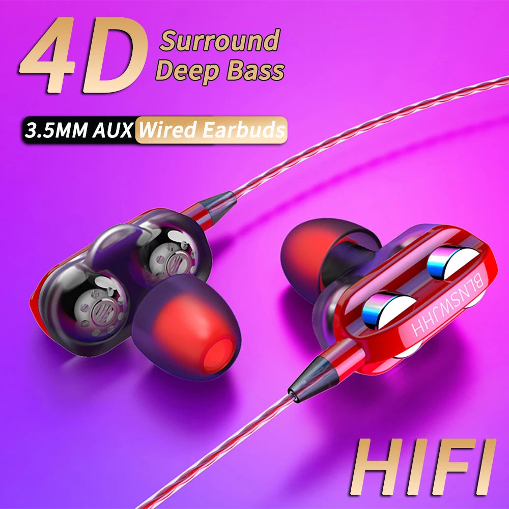 3.5mm Wired Headphones Noise Canceling In-Ear Sports Earphone Dual Driver Bass Stereo Gaming Headset HiFi Music Earbuds With Mic - Universal Market