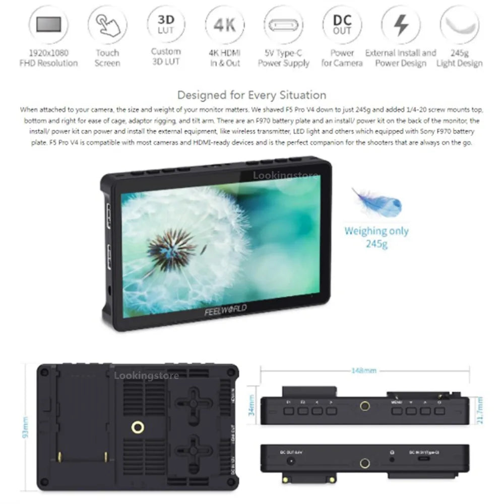 FEELWORLD F5 Pro V4 6 Inch on DSLR Camera Field Monitor Touch Screen 3D LUT FHD1920 1080 4K HDMI Video Focus Assist for Gimbal