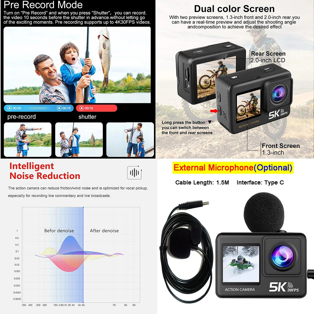 G9SE Action Camera 5K30fps 4K60fps 50MP 2.0 Touch LCD EIS DVR Webcam Dual Screen Wi-Fi 170D Waterproof 30M 5X Zoom Sports Camera