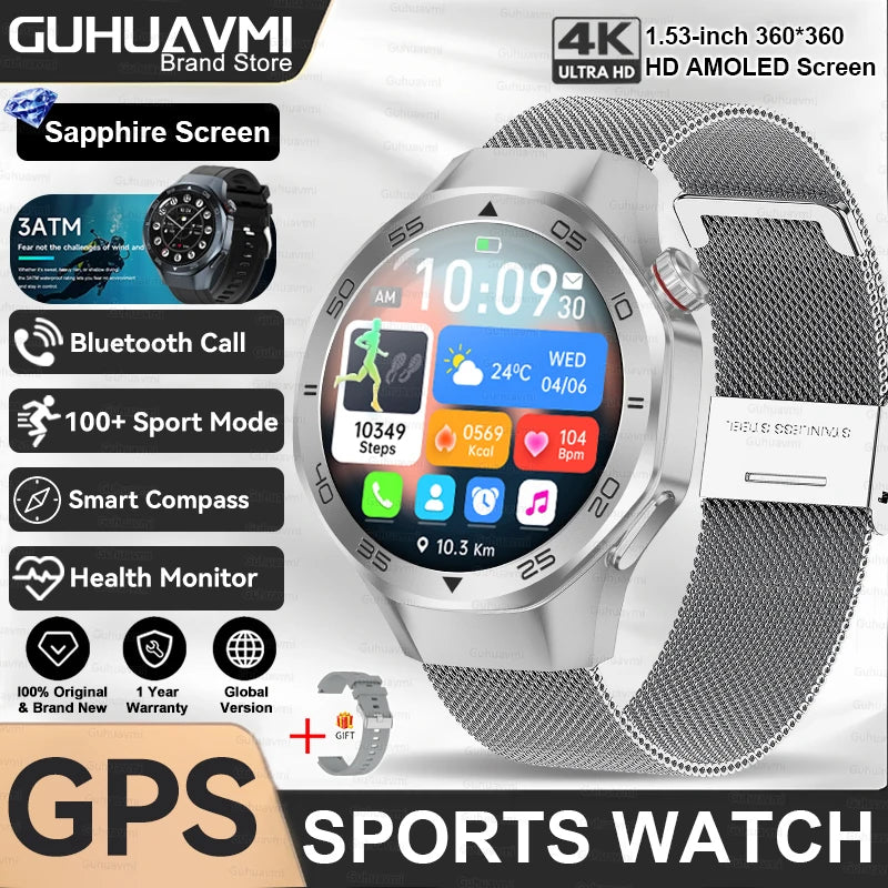 2025New Upgraded Outdoor Sport GPS Smart Watch Men 1.53" HD AMOLED Screen GPS track Heart Rate Bluetooth Call Compass SmartWatch