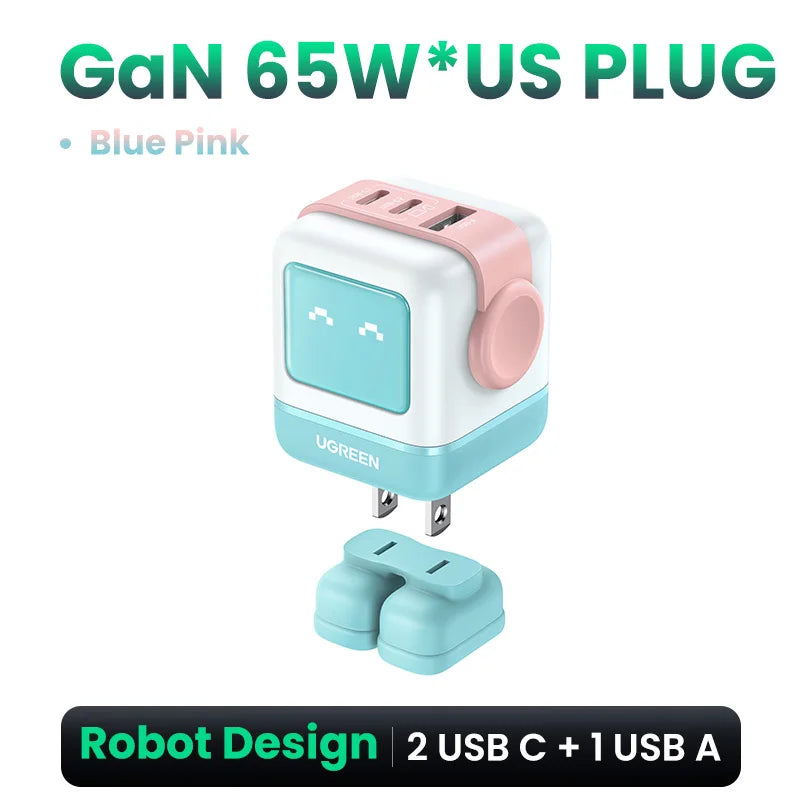 UGREEN 65W GaN Charger Uno Robot Design Quick Charge 4.0 3.0 PPS PD Fast Charger for iPhone 17 16 15 Pro Macbook Laptop Tablet