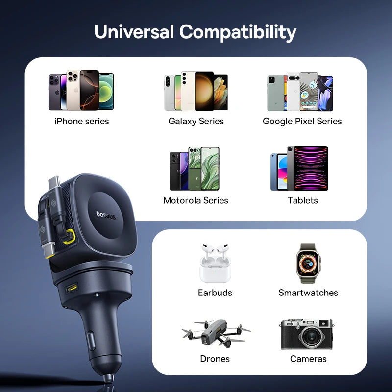 Baseus 100W Car Charger PD QC Fast Charging Dual Type-C Retractable Cable 4 ports 450°Rotation For Laptop Tablet iPhone Samsung