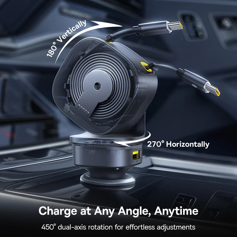 Baseus 100W Car Charger PD QC Fast Charging Dual Type-C Retractable Cable 4 ports 450°Rotation For Laptop Tablet iPhone Samsung