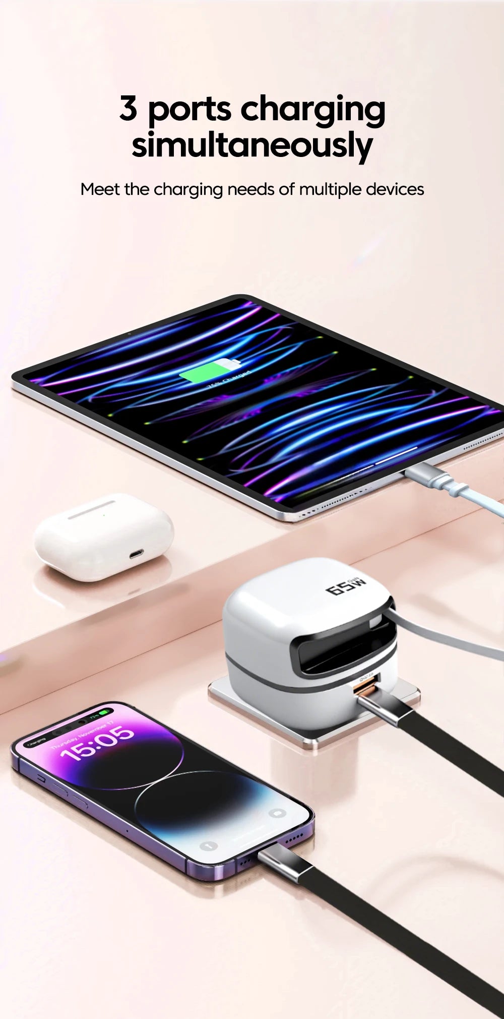 Elough 65W USB Type C Phone Charger Universal Travel Adapter Retractable Fast Charging USB C Cable For iPhone 16 Samsung Laptop