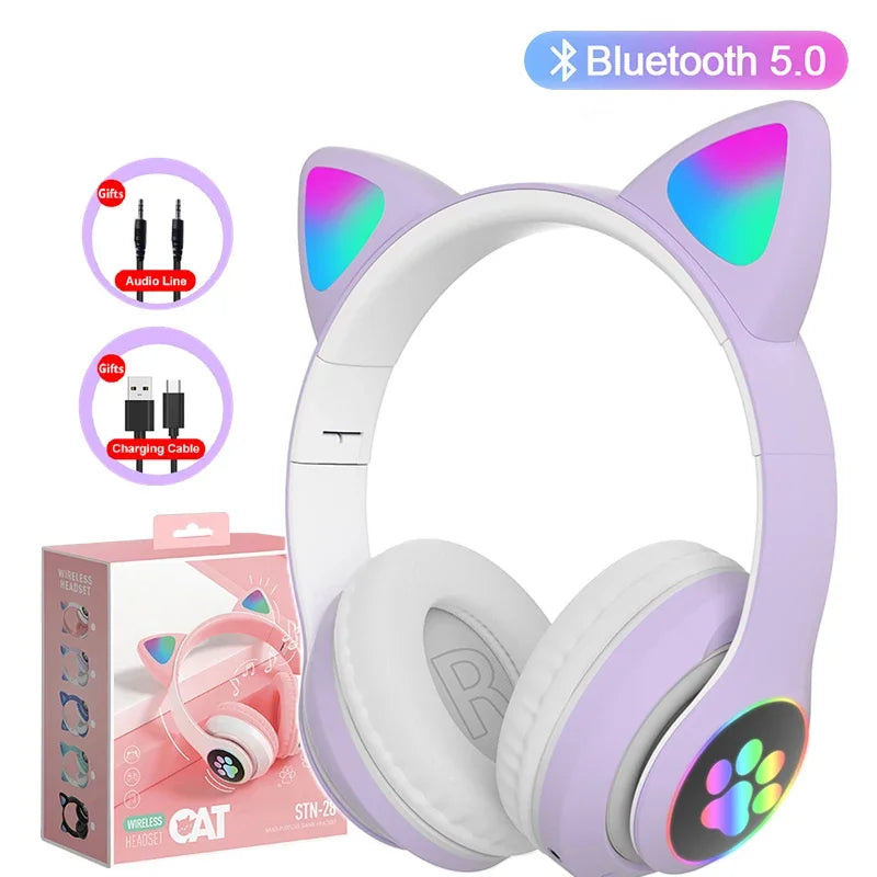 Flash Lamp Cute Cat Ears Headphone Bluetooth5.0 Stereo With Mic Support TF Card Wireless Kids Girl Earphone Birthday Gift - Universal Market