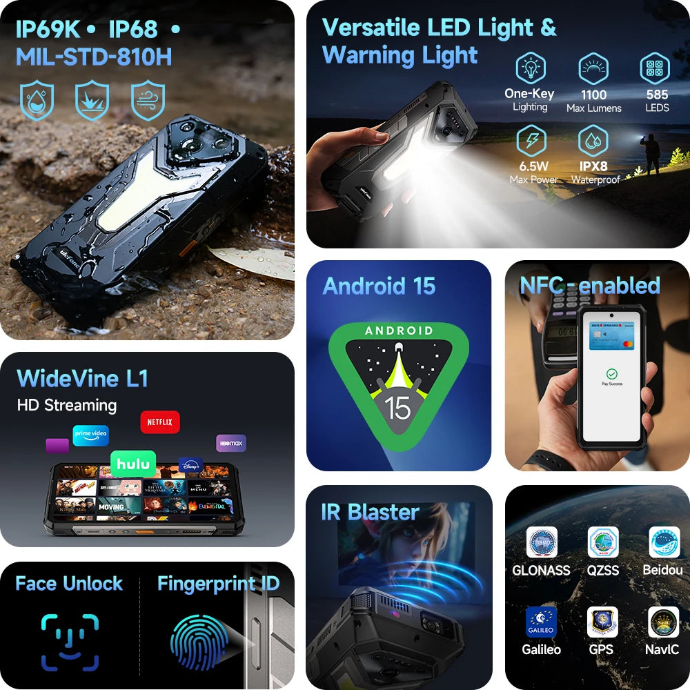 Ulefone Armor 34 Pro 5G AI 25500mAh Rugged Phone Smartphone Android 15 32GB+512GB Built-in DLP Projector 6.95" NFC Mobile Phone