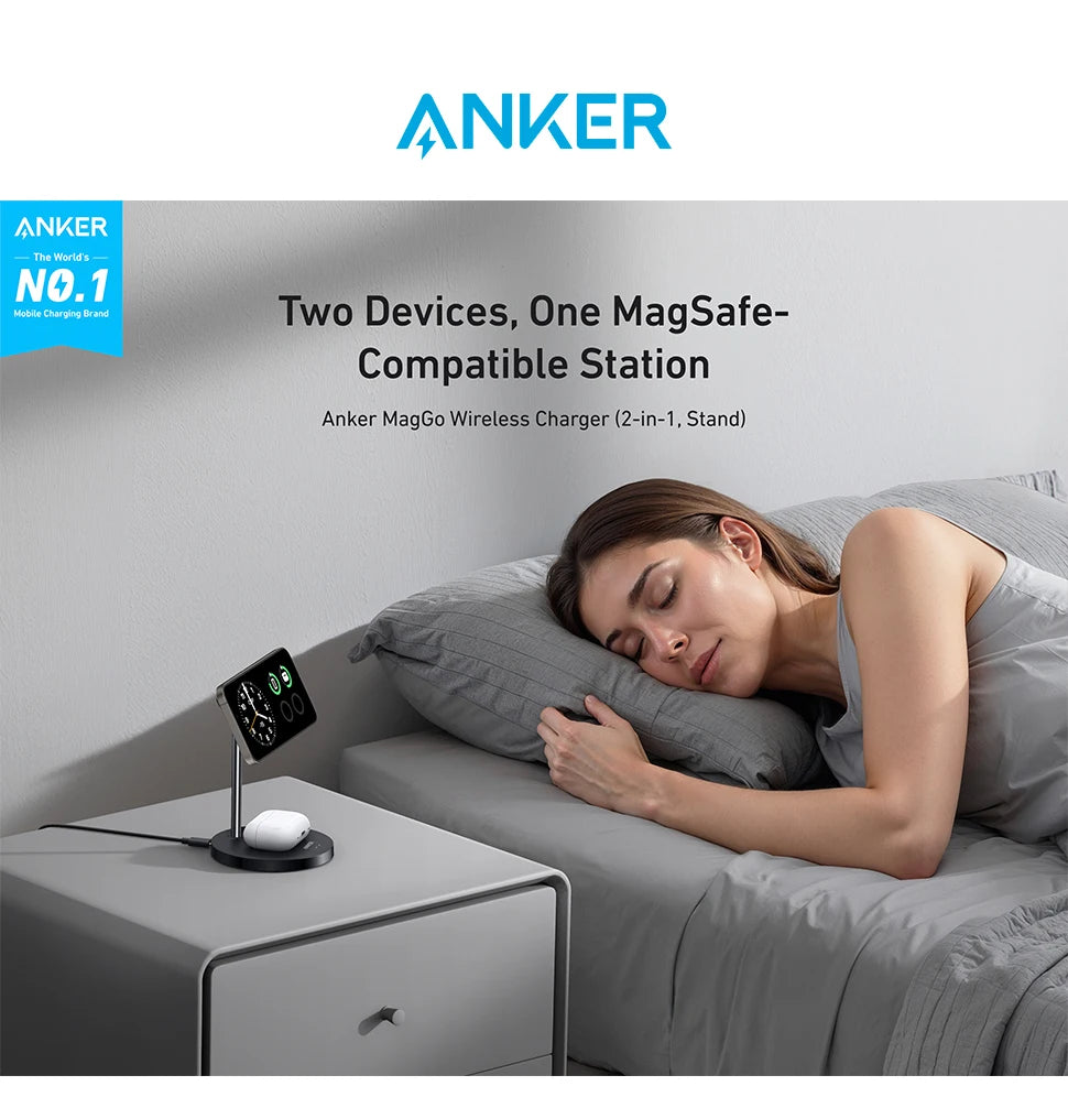 Anker MagSafe Charger Stand Compatible, MagGo 2-in-1 Charging Station, 【Upgraded】 Qi2 Certified 15W Wireless Charger Stand, for