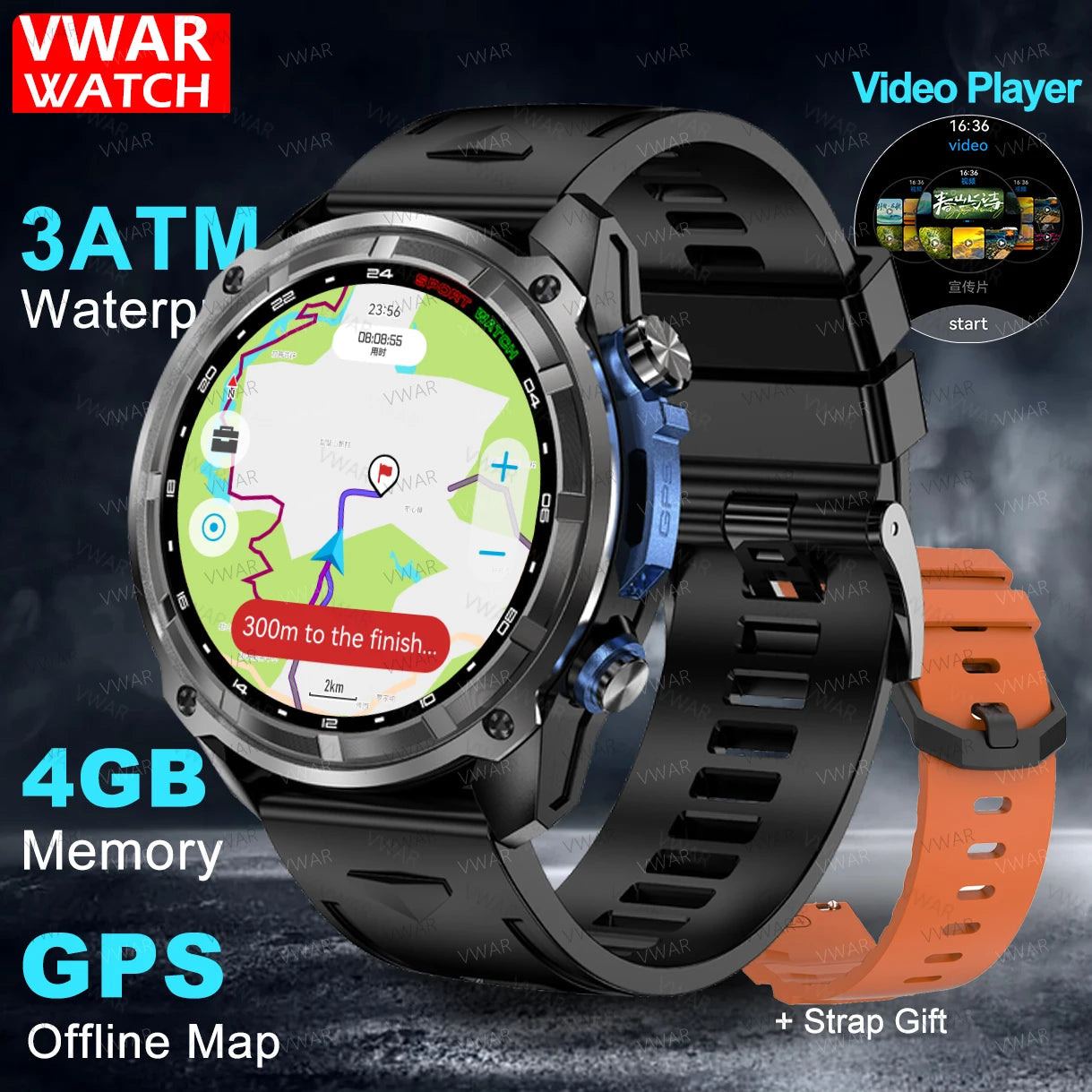 2025 NEW GPS Smart Watch with Offline Map 30m Waterproof 860mAh Big Battery Military Smartwatch Men 4GB Storage Video Player