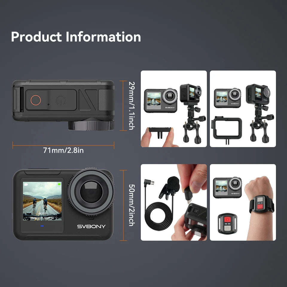 SVBONY SVGo3 Action Camera 4K30 Waterproof Dual LCD Screens Sports Camera with Quick Release Mount for Surfing Cycling Vlog