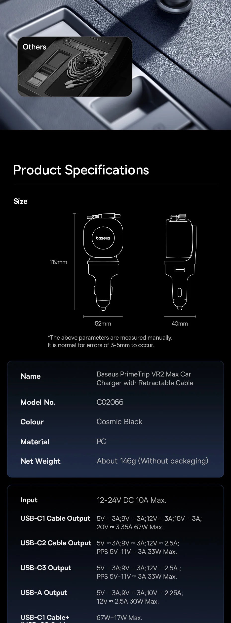 Baseus 100W Car Charger PD QC Fast Charging Dual Type-C Retractable Cable 4 ports 450°Rotation For Laptop Tablet iPhone Samsung