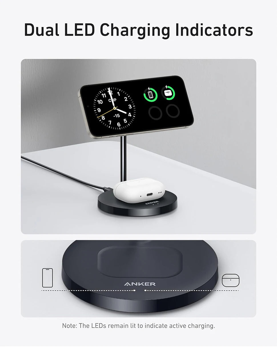 Anker MagSafe Charger Stand Compatible, MagGo 2-in-1 Charging Station, 【Upgraded】 Qi2 Certified 15W Wireless Charger Stand, for
