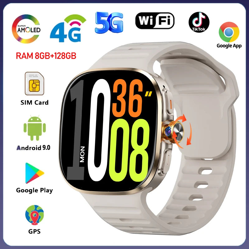 8GB+128GB RAM 5G/4G Android 9.0 Smart Watch 2.4 inch AMOLED 2100mah Battery 900W Camera GPS WIFI Google APPS Download Smartwatch