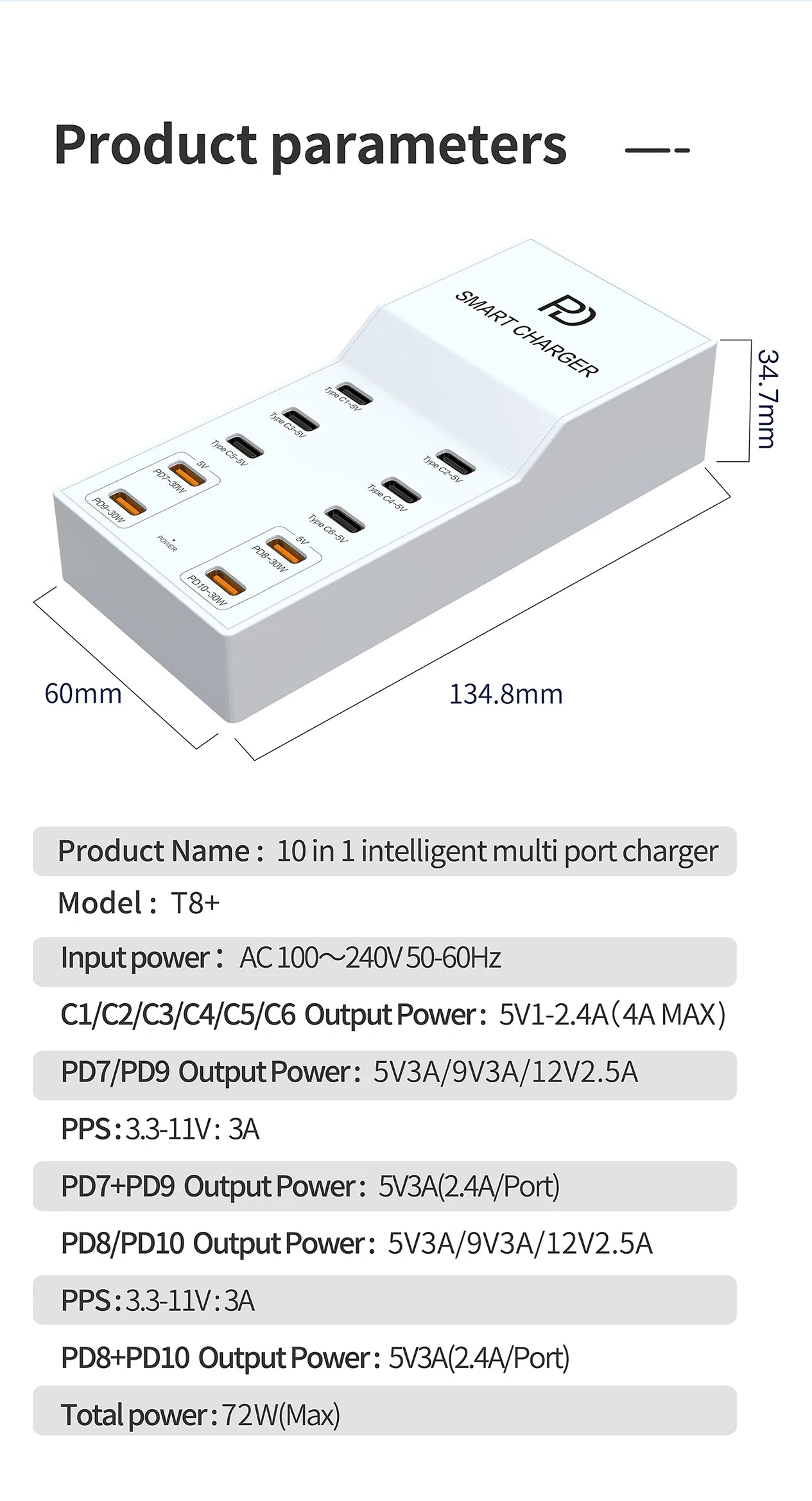 AIXXCO 72W 8 Ports PD QC3.0 USB C Fast Charger Type c Wall Adapter Super Fast Charging For Iphone Samsung Ipad Xiaomi