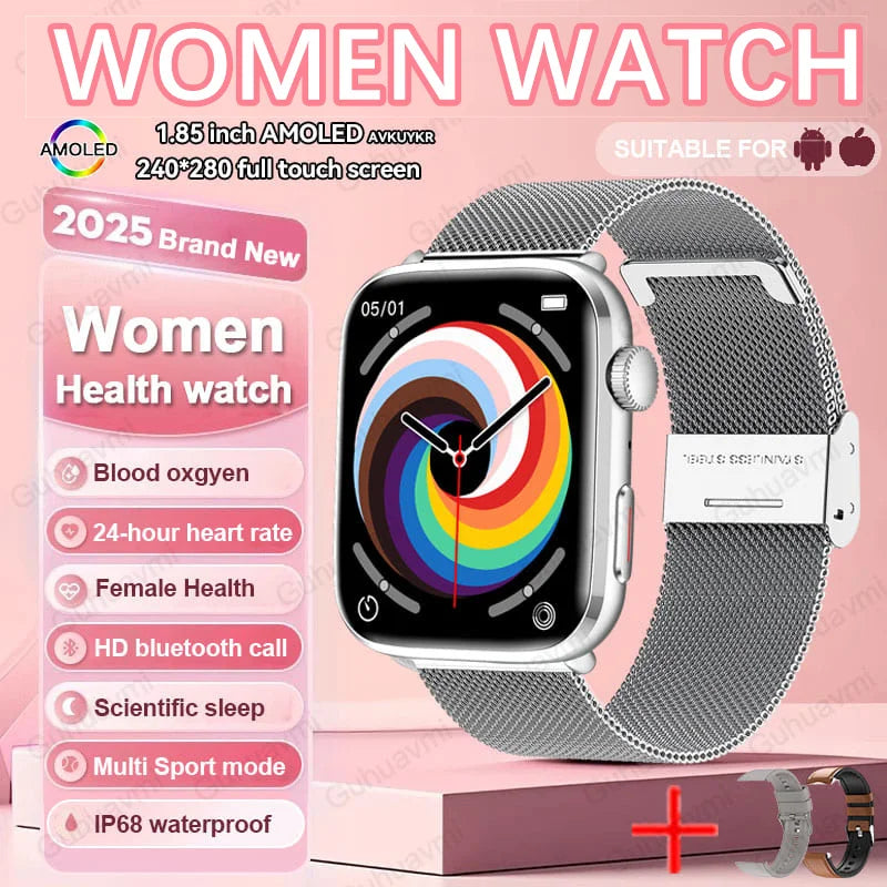 2025 AI Diagnosis NFC Smart Watch Women 1.85 inch AMOLED Blood pressure Heart Rate Temperature BT call Smartwatches Men For IOS