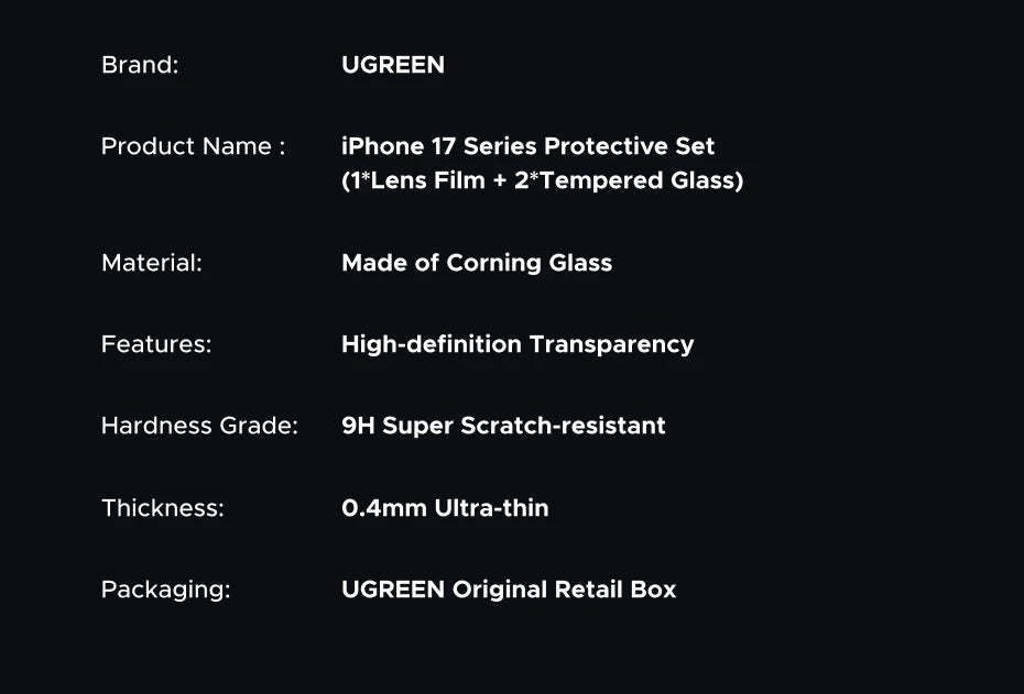 UGREEN Screen Protector For iPhone 17 Pro Full Cover Tempered Glass For iPhone 17Pro Max Air 16 Pro Camera Lens Protectors