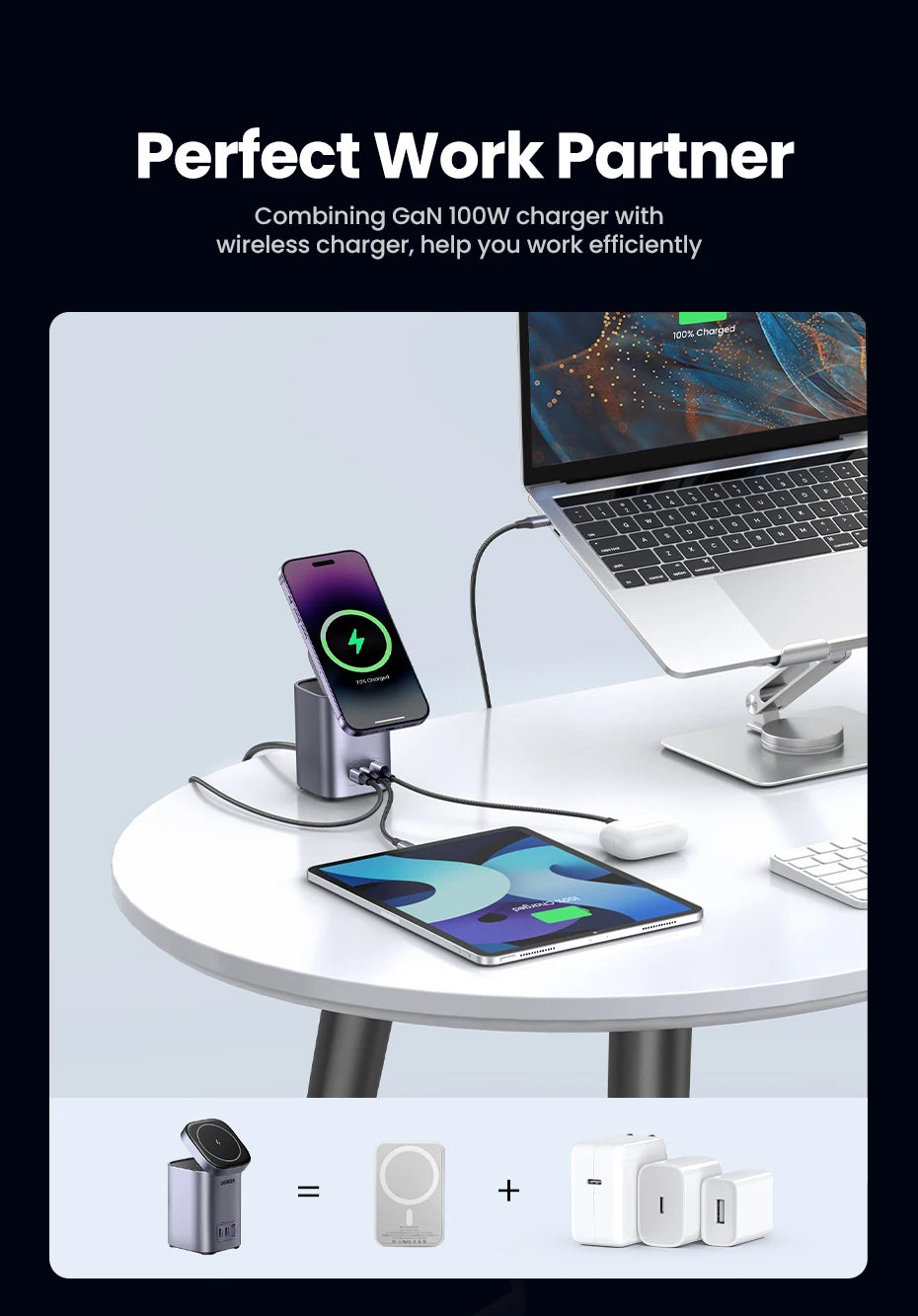 UGREEN GaN 100W Desktop Charger MFi Magnetic Wireless Charger for iPhone 17 16 15 Fast Charger Power Station for Laptop Notebook